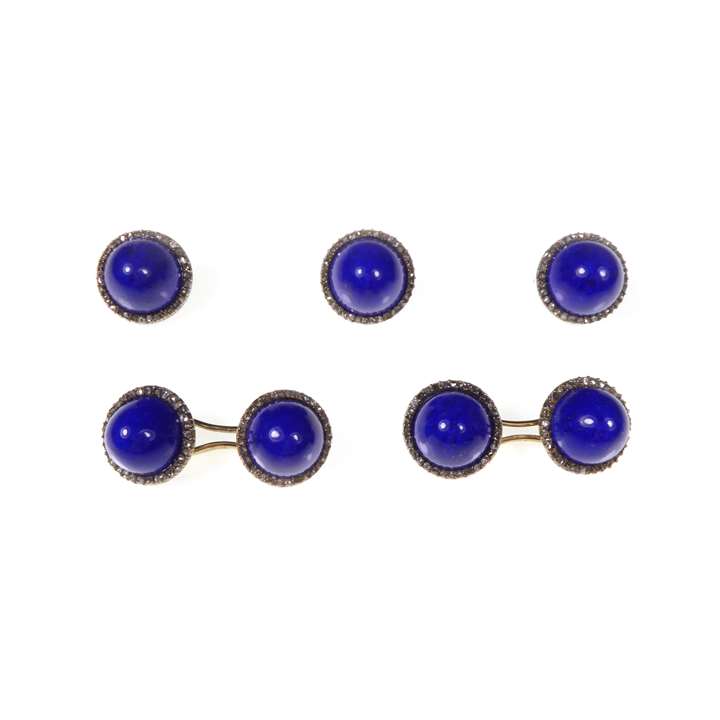 Lapis lazuli and rose cut diamond cluster gentleman's dress set, comprising a pair of cufflinks and three buttons,